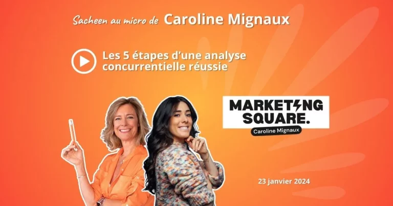 photos de Sacheen Sierro et Caroline Mignaux sur fond orange pour illustrer le podcast des 5 étapes pour une veille concurrentielle réussie