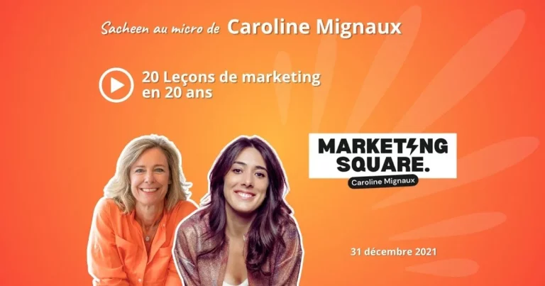 photos de Scheen Sierro et Caroline Mignaux sur fond orange pour la couverture du podcast des 20 leçons de marketing acquises en 20 ans