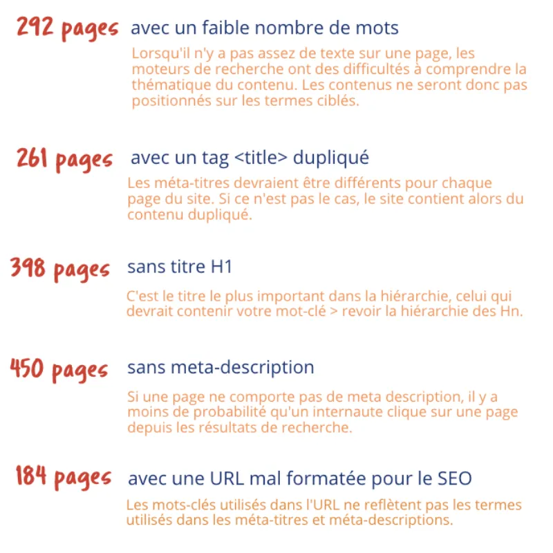 audit seo qui révèle les problèmes sur chaque page du site internet